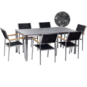 BELIANI Stainless Steel Modern 6 Seater Garden Dining Set Table Glass Top Granite Effect Textilene Chairs Black Cosoleto - Black