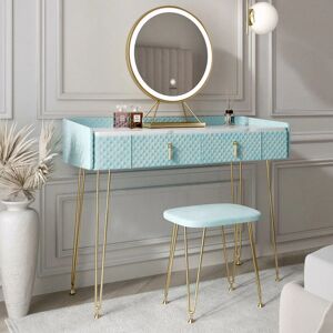 Carme Home - Tokyo Glow Velvet Dressing Table with led Touch Sensor Round Mirror Makeup Vanity Table with Storage Drawers Stool Set Bedroom Furniture