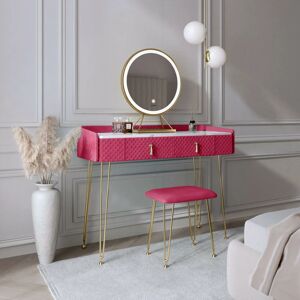 CARME HOME Tokyo Glow Velvet Dressing Table with led Touch Sensor Round Mirror Makeup Vanity Table with Storage Drawers Stool Set Bedroom Furniture Raspberry