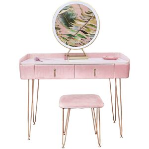 Carme Home - Tokyo Glow Velvet Dressing Table with led Touch Sensor Round Mirror Makeup Vanity Table with Storage Drawers Stool Set Bedroom Furniture