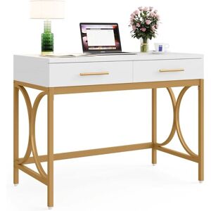 Tribesigns - Computer Desk with Two Drawers, Modern Study Writing Desk with Storage, Makeup Vanity Table Office Desk with Gold Metal Frame for Home