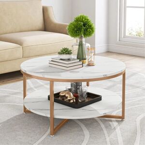 TRIBESIGNS Modern 2 Tier Round Coffee Table with Storage, 30 inch Faux White Marble Circle Tabletop with Golden Metal Legs for Home Living Room, White and Gold