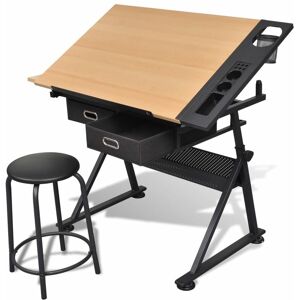 Berkfield Home - Two Drawers Tiltable Tabletop Drawing Table with Stool