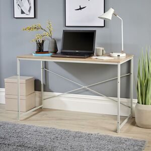 Urban - Style Computer pc Desk Dressing Table Unit Oak Finish Grey Metal Frame - Natural