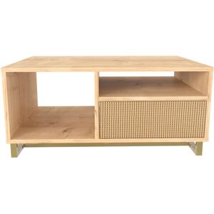 Utopie Modern Coffee Table with Cabinet Metal Legs - Oak and Rattan Pattern - Oak and Rattan Pattern - Decorotika