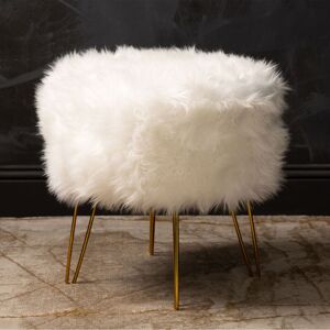 48cm Tall Faux Fur Ottoman Stool for Bedroom Furniture, Modern Stool with Stainless Steel Base - White, Gold - Vanity Living