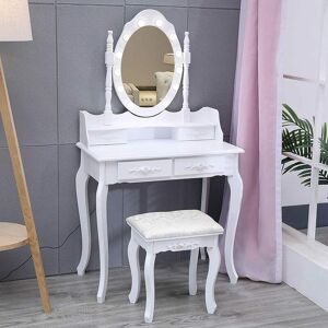 LIVINGANDHOME Makeup Dressing Table Stool Set with 4 Drawers and Light Mirror