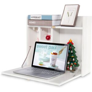 Puluomis - Wall-mounted Computer Desk, Folding Laptop Table, Drop-Leaf Study Desk, Cupboard, with Shelf Storage, Space Saving, Home Office, White