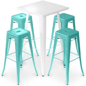 PRIVATEFLOOR Pack White Stool Table and Pack of 4 Bar Stools - Industrial Design - Metal - New Edition - Bistrot Stylix Pastel green - Pastel green