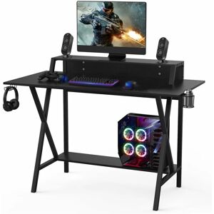 COSTWAY Gaming Computer Desk with Cup Holder, Headphone Hook, Monitor Stand and Storage Shelves, X-Shaped Racing Style E-Sports pc Gamer Table, Ergonomic