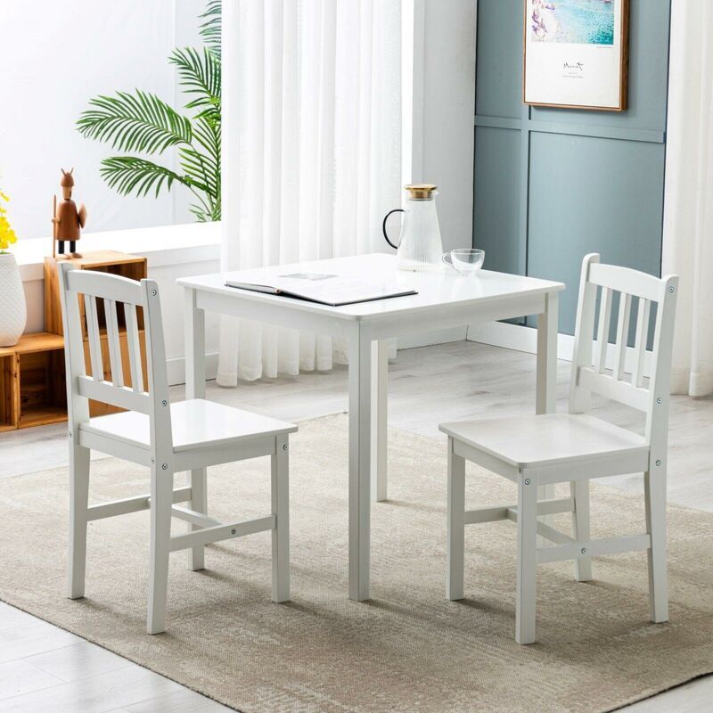 MCC DIRECT Classic Solid Wooden Dining Table and 2 Chairs Set Kitchen Home 2+1 white