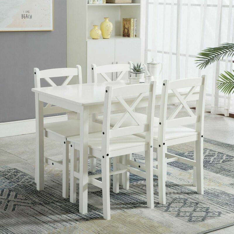 MCC DIRECT Classic Solid Wooden Dining Table and 4 Chairs Set Kitchen Home white