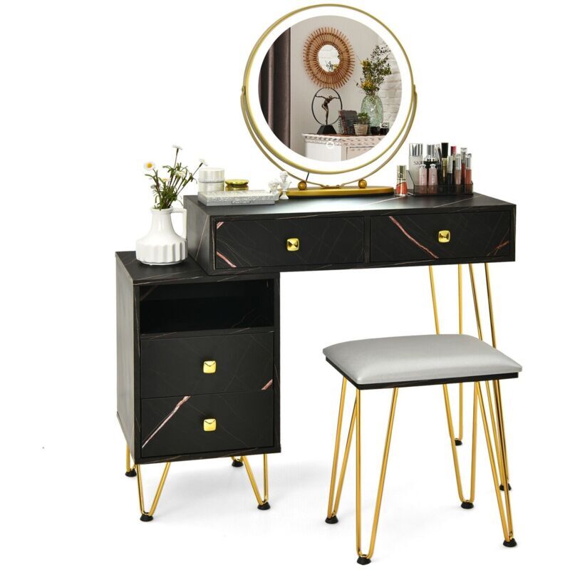 Costway - Dressing Table Set, Modern Vanity Makeup Table Stool Set with 3 Color Detachable led Mirror, Home Bedroom Cosmetics Dresser Furniture Gift