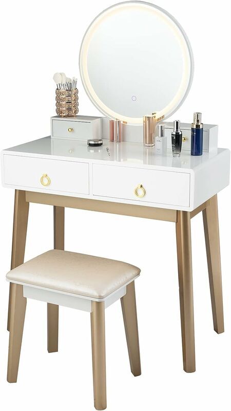 Costway - Dressing Table Set with led Lights and Mirror,80 x 40 x 133cm,Detachable Makeup Dresser Table Stool, Home Bedroom Vanity Cosmetic Furniture