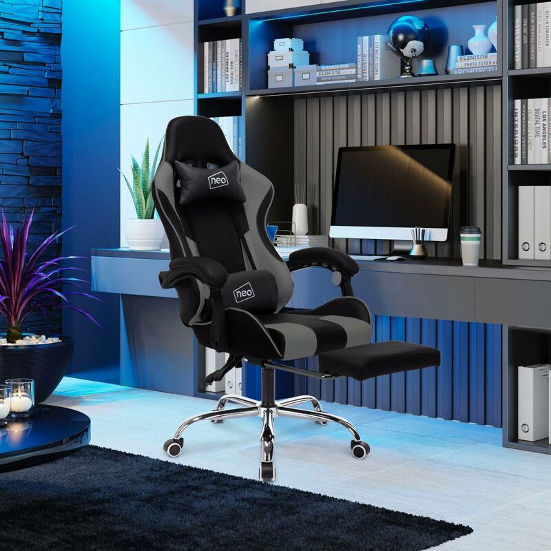 Neo Direct - Grey Fabric Gaming Racing Recliner Chair With Footrest