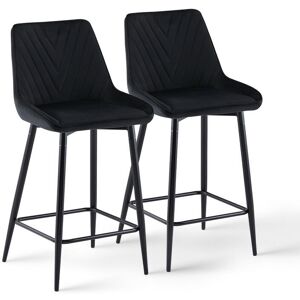 CLIPOP Velvet Bar Stools,2x Upholstered Seat Kitchen Counter Chairs Breakfast Barstools with Footrest,Seat Height 65cm, Black