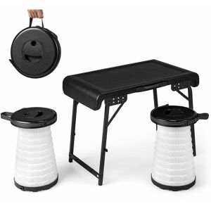 Costway - 3-Piece Folding Table Stool Set with a Camping Table & 2 Retractable led Stools