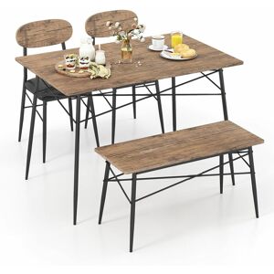 COSTWAY 4 Pcs Dining Table Set Rectangular Kitchen Table w/ Bench & 2 Upholstered Chairs