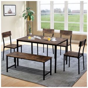 Dewdat - 6 Pcs Dining Table Set 1 Table with 4 Chairs + 1 Bench, Kitchen Dining Set, Industrial Style