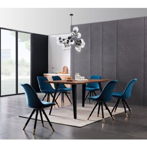 Life Interiors - Rocco lux Sofia Dining Set - an Oak Wooden Dining Table and Set of 6 Blue Velvet Dining Chairs - Dining Room Kitchen