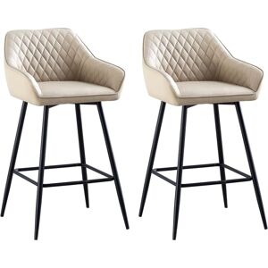 AINPECCA Barstools Set of 2 Bar Stool Faux Leather Upholstered seat with Backrest & Armrest Black Metal Legs Kitchen Breakfast Counter Chair (Beige
