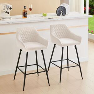 Ainpecca - Set of 2 Velvet Barstools Fabric Upholstered seat with Backrest & Armrest Black Metal Legs Kitchen Breakfast Counter Chairs (Beige velvet,