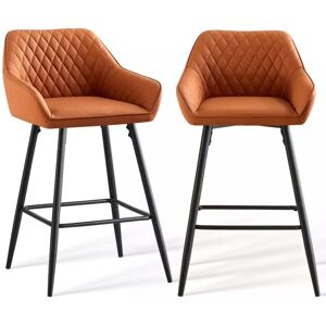 Ainpecca - Barstools Set of 2 Bar Stool Faux Leather Upholstered seat with Backrest & Armrest Black Metal Legs Kitchen Breakfast Counter Chair