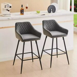 Ainpecca - 2X Velvet Barstools Fabric Upholstered seat with Backrest Armrest Black Metal Legs Kitchen Breakfast Counter Chairs Grey