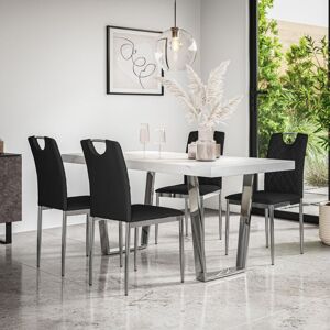 MORE4HOMES Aria Dining Table And Chairs - White Marble Effect Table Top w Chrome Legs + Monza Faux Leather Dining Chair w Chrome Legs Set Of 4 (Black)