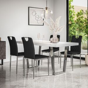 MORE4HOMES Aria Dining Table And Chairs - White Marble Effect Table Top w Chrome Legs + Monza Faux Leather Dining Chair w Chrome Legs Set Of 6 (Black)