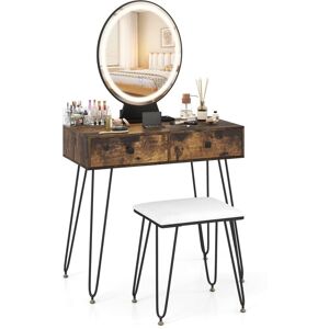 Costway - Vanity Set Makeup Dressing Table w/ Soft Cushioned Stool & Mirror-Brown