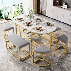 Abrihome - Dining Group, (Set, with Dining Table, 4 Small Stools and 2 Large Stools), Kitchen Dining Table Set Made of Steel Frame, Modern White and