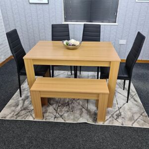 Kosy Koala - Dining Table and 4 Chairs With Bench Oak Effect Wood 4 Black Leather Chairs Dining Room