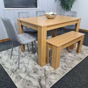 Kosy Koala - Dining Table and 4 Chairs With Bench Oak Effect Wood 4 Grey Velvet Chairs Dining Room