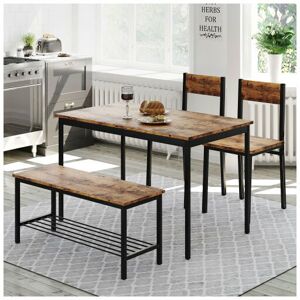 Dewdat - Dining Table, Chair and Bench Set 4 Wooden Steel Frame Industrial Style Retro Kitchen Dining Table Set