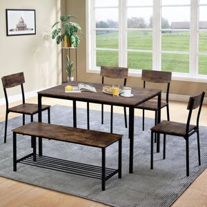 Abrihome - Dining Table Chair and Bench Set 6 Wooden Steel Frame Industrial Style Kitchen Dining Table Set