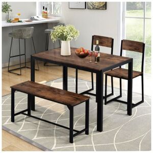 Dewdat - Dining Table Set, 1 Table 2 Chairs 1 Bench, 4-piece dining set for home, steel frame, Rustic Brown bench Set