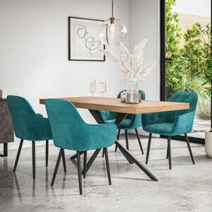 MORE4HOMES Donni Dining Table And Chairs - Oak Effect Table Top w Black Legs + Anika Velvet Dining Chair Set Of 6 (Blue)