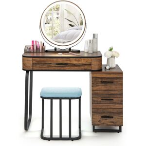 Costway - Vanity Table&Stool Set Makeup Dressing Mirror Table w/Charging Station-Coffee
