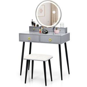 Costway - Dressing Vanity Table Set Makeup Desk Mirror And Stool w/3-Color led Light