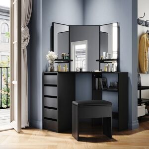 Elegant - Corner Dressing Table Set Makeup Dresser Desk with 3 Large Mirrors 5 Drawers Black Vanity Console Bedroom Modern Furniture with Stool