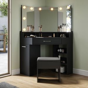 Elegant - Corner Dressing Table with 3 Large Movable Triple Mirror, 3 Open Compartments and 2 Drawers, Black Design Dresser Set with Stool + led
