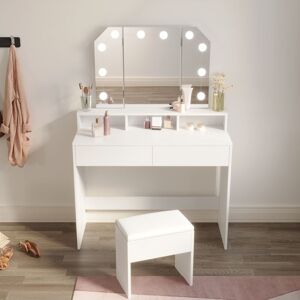 Elegant - Dressing Table, Vanity Makeup Desk Set with Adjustable 3 Color led Lights, Folding Mirror and Stool
