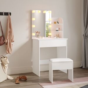 Elegant - Dressing Table with Mirror and led Light, Three-colour Mode, Makeup Desk with Drawers for Bedroom, Including Stool, 70x40x140cm White
