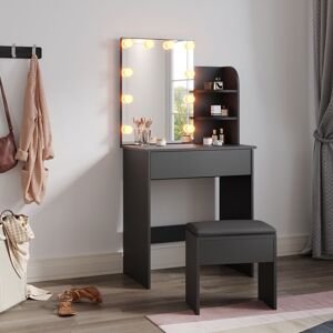 Elegant - Dressing Table with Mirror and led Light, Three-colour Mode, Makeup Desk with Drawers for Bedroom, Including Stool, 70x40x140cm Black