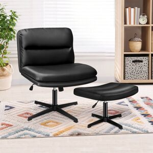 Elfordson - Armless Office Chair with Ottoman, Wide Seat Criss Cross-legged Desk Chairs No Wheels, Mid-back, pu Leather, Black