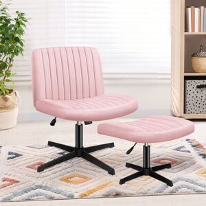 Elfordson - Cross Legged Office Chair with Ottoman, Wide Seat Armless Desk Chairs No Wheels Mid-back, Velvet, Pink