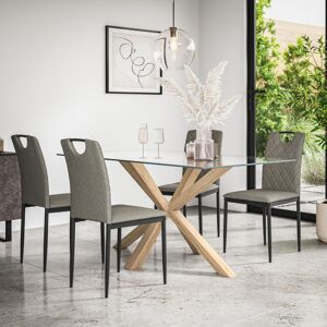 More4homes - Etta Glass Dining Table And Chairs - Glass Top w Solid Oak Legs + Monza Fabric Dining Chair Set Of 4 (Grey)