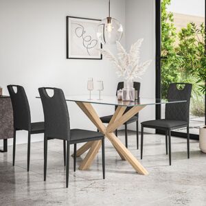 More4homes - Etta Glass Dining Table And Chairs - Glass Top w Solid Oak Legs + Monza Fabric Dining Chair Set Of 4 (Charcoal)