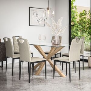More4homes - Etta Glass Dining Table And Chairs - Glass Top w Solid Oak Legs + Monza Fabric Dining Chair Set Of 6 (Beige)